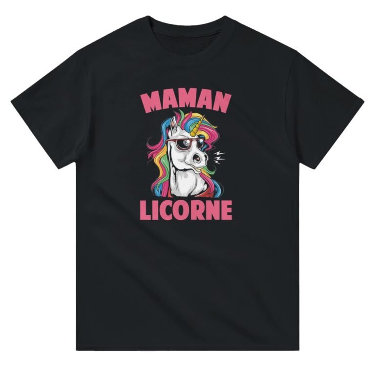 T-shirt Maman licorne – lettres roses et crinière multicolore