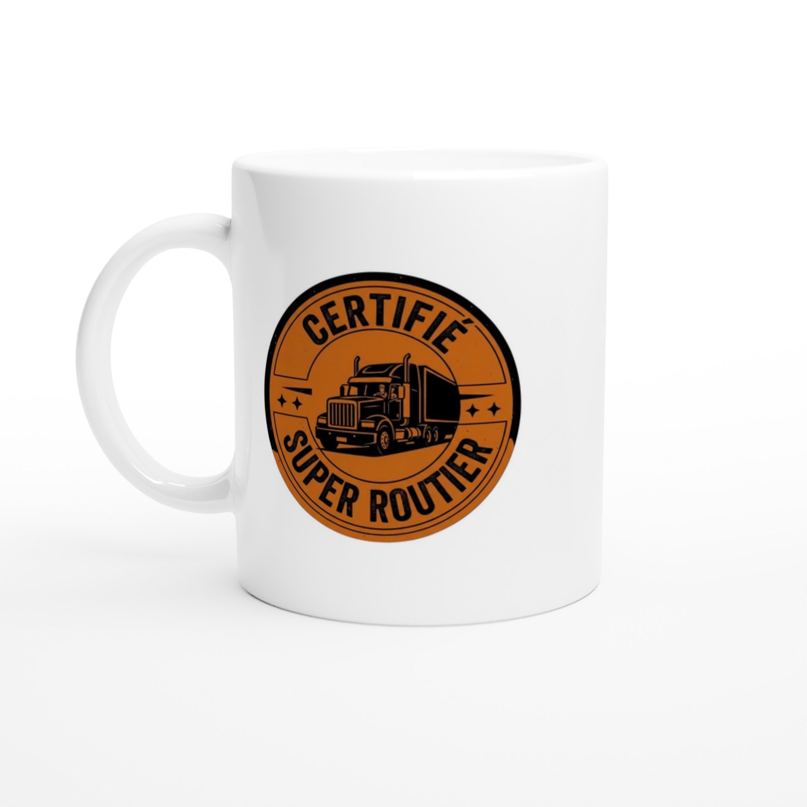 Mug Certifié super routier – badge orange avec semi-remorque
