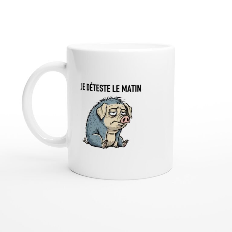 Mug Cochon Je déteste le matin – cochon gris-bleu assis, l’air las