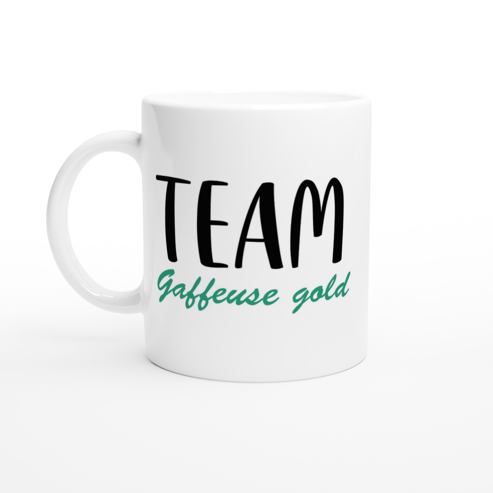 Mug Team gaffeuse gold – Team noir et script vert émeraude