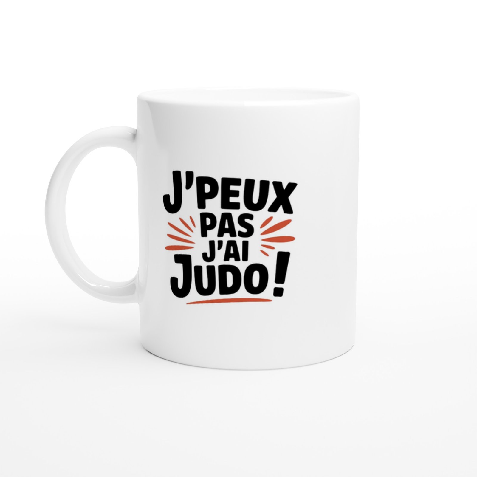 Mug Judo J’peux pas j’ai judo – lettrage BD et traits rouges