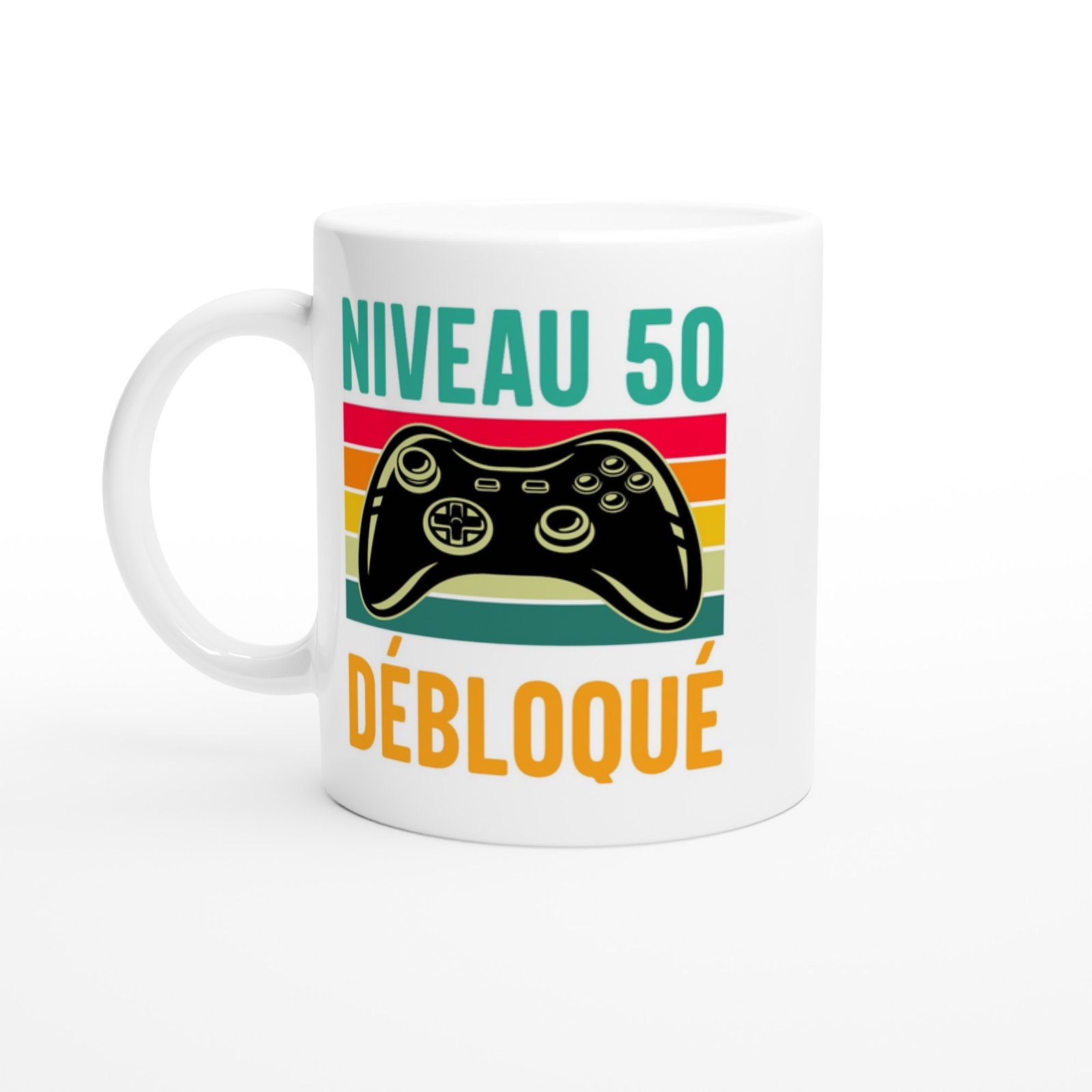 Mug Niveau 50 débloqué – manette de console sur rayures rétro