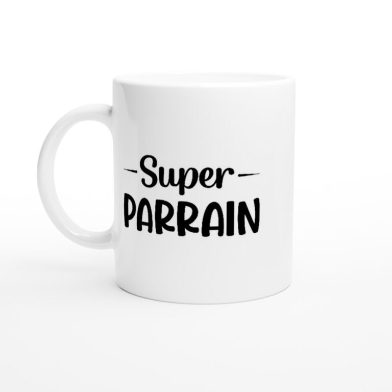 Mug Super parrain – écriture ronde noire et traits décoratifs