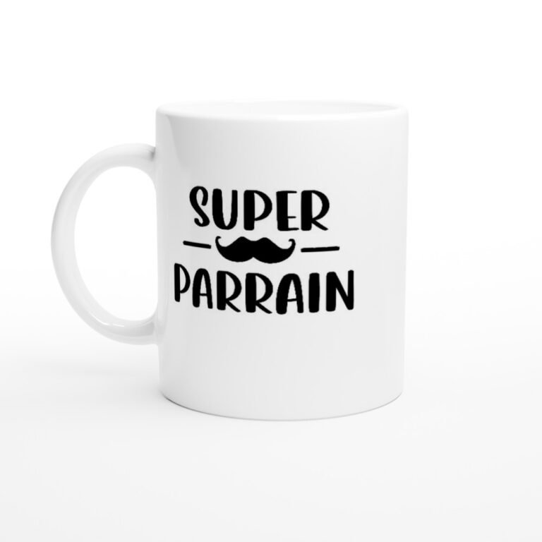 Mug Super parrain – moustache noire entre les deux mots