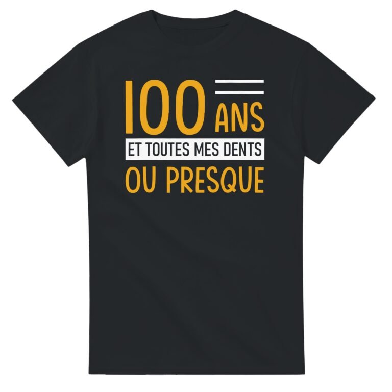 T-shirt 100 ans et toutes mes dents ou presque – jaune et blanc
