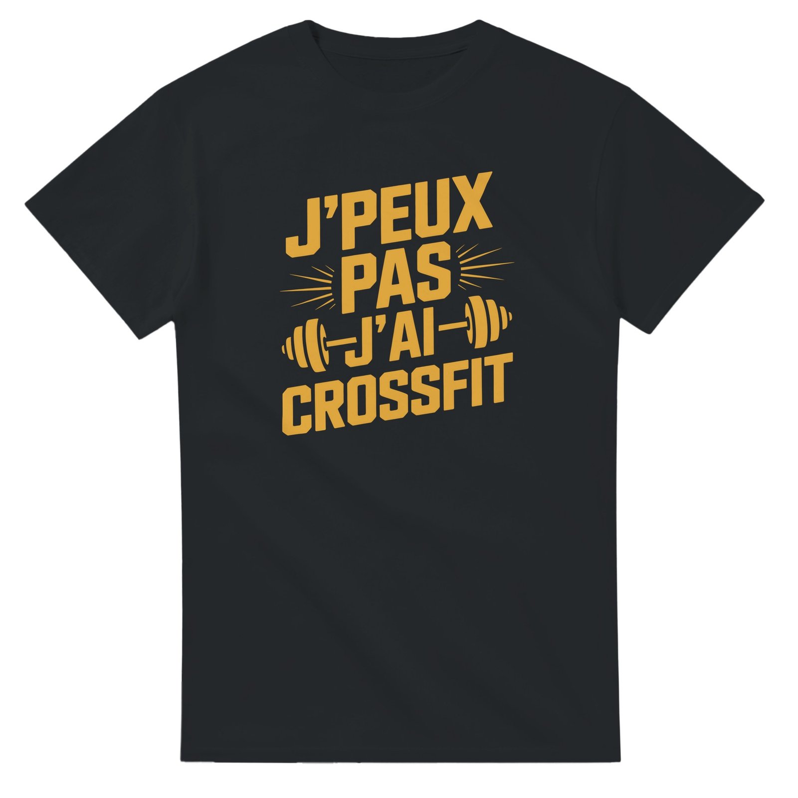 T-shirt J’peux pas j’ai crossfit – lettres jaune or et haltère