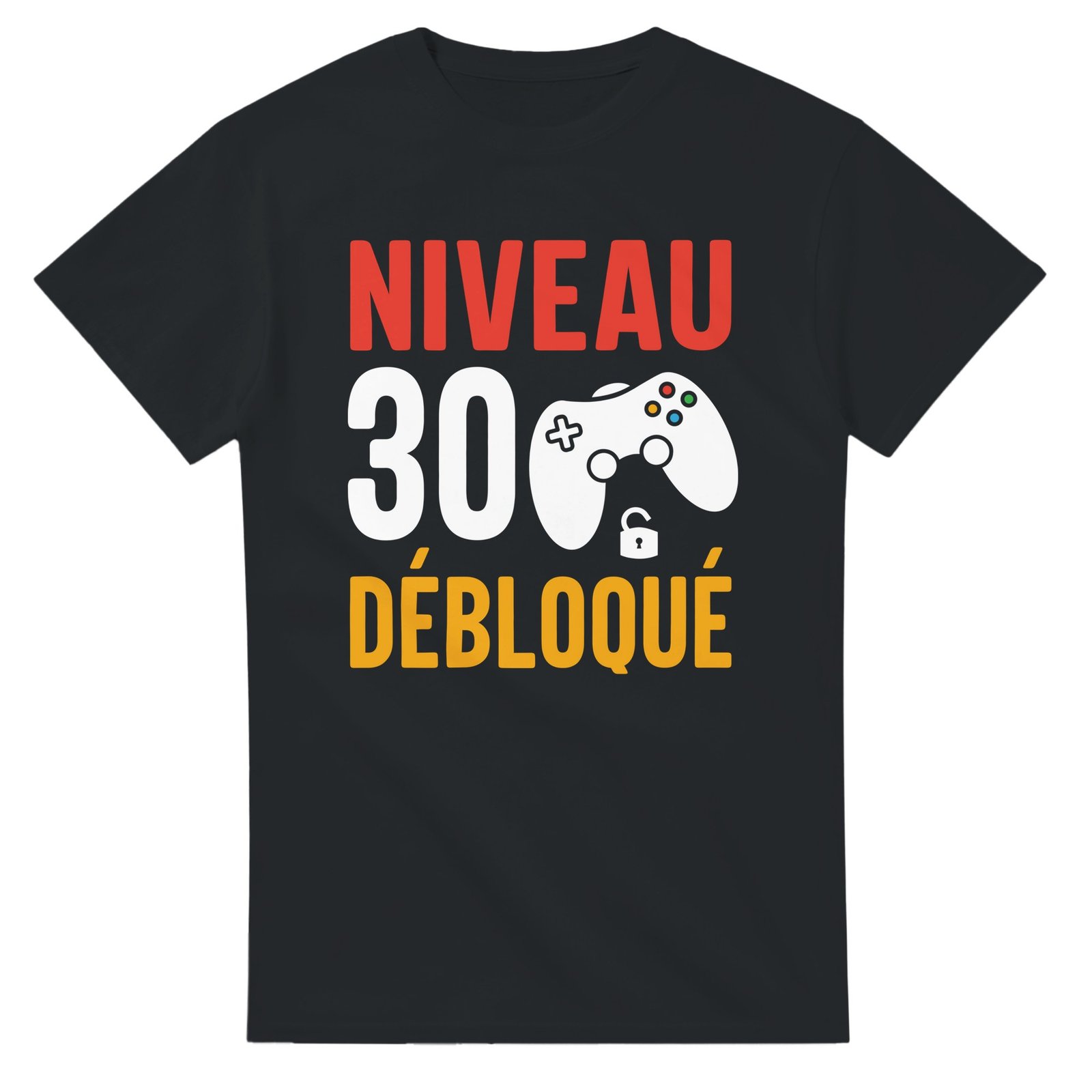 T-shirt Niveau 30 débloqué – manette blanche et cadenas ouvert