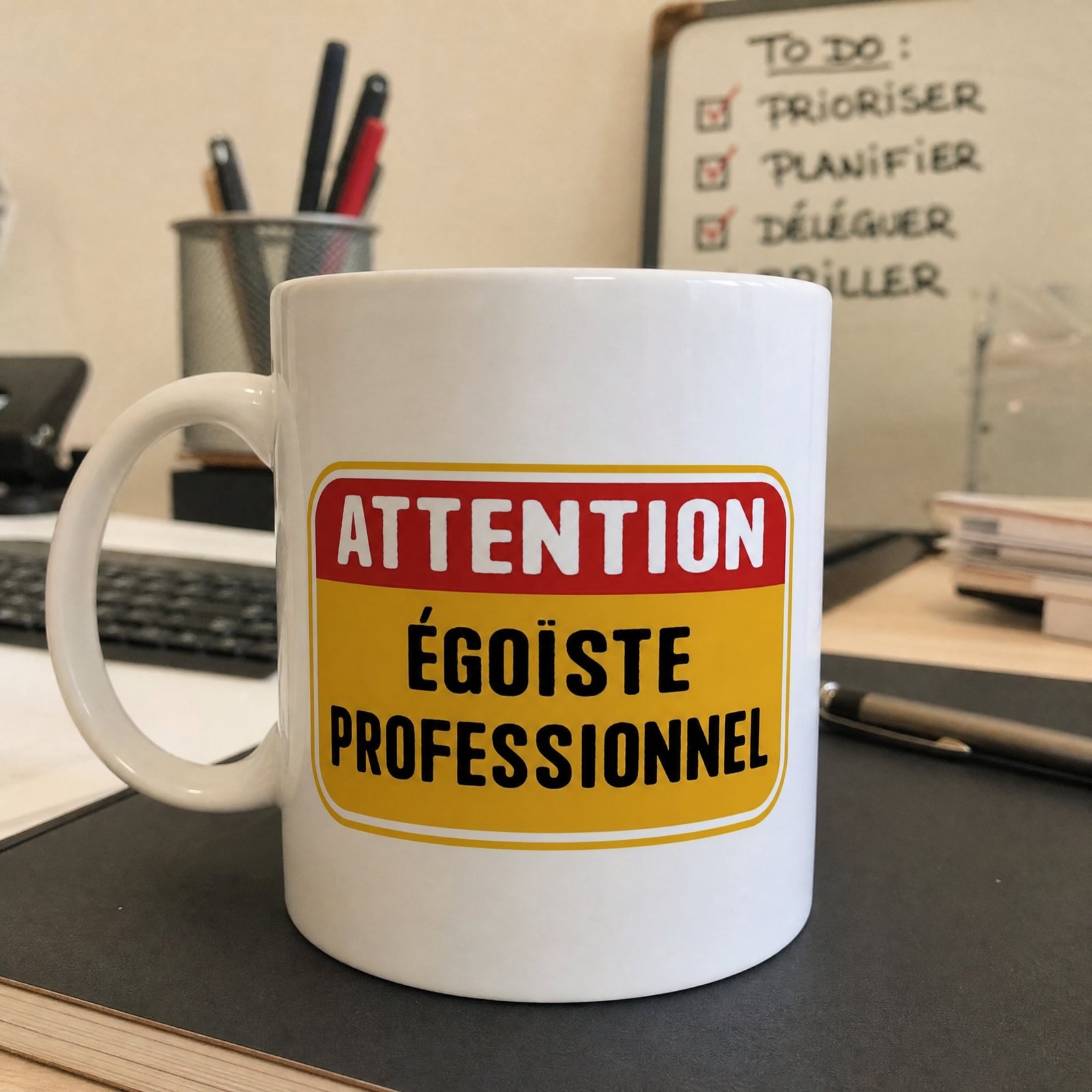Mug Attention égoïste professionnel – panneau jaune, É avec accent