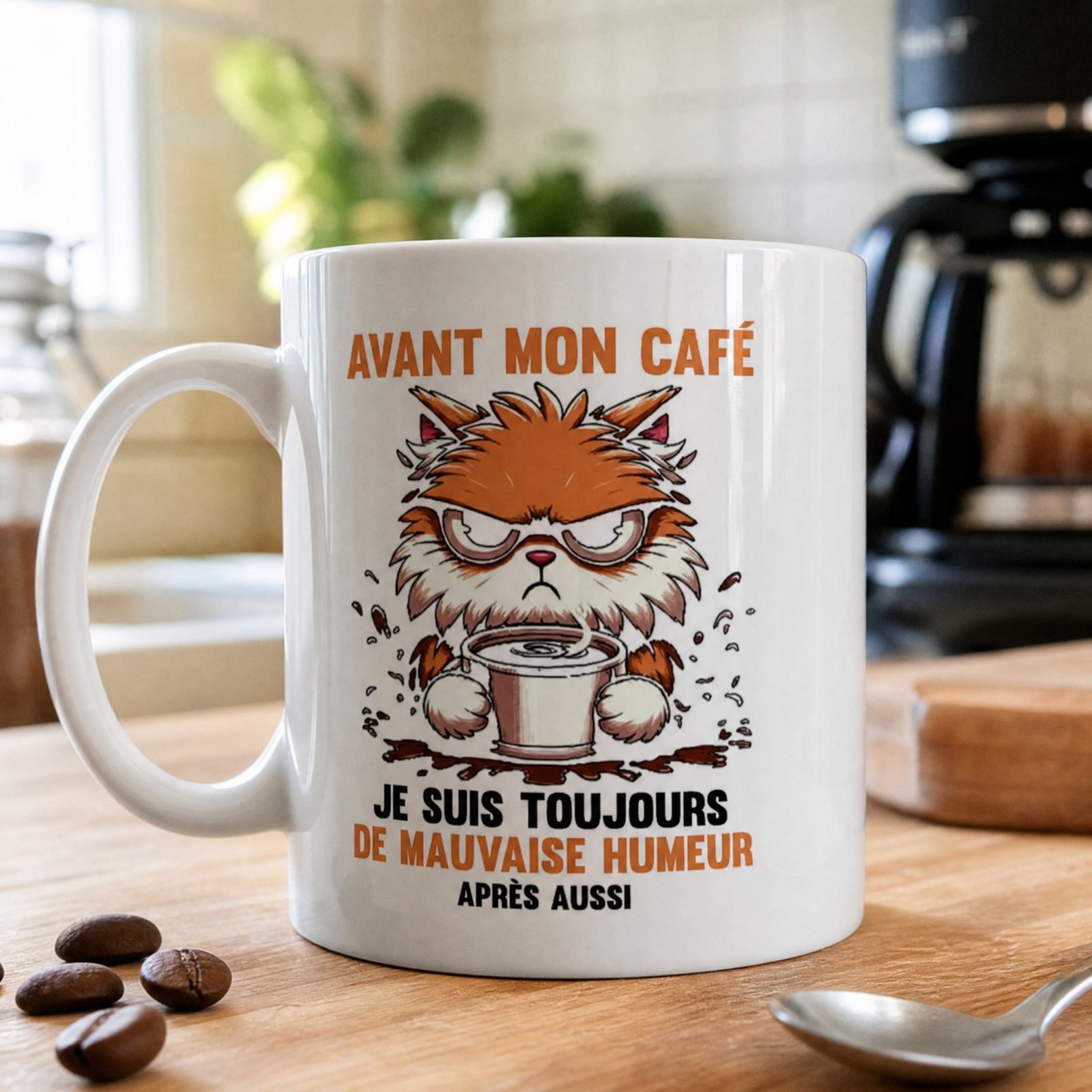 Mug Avant mon café – chat roux grognon et texte orange