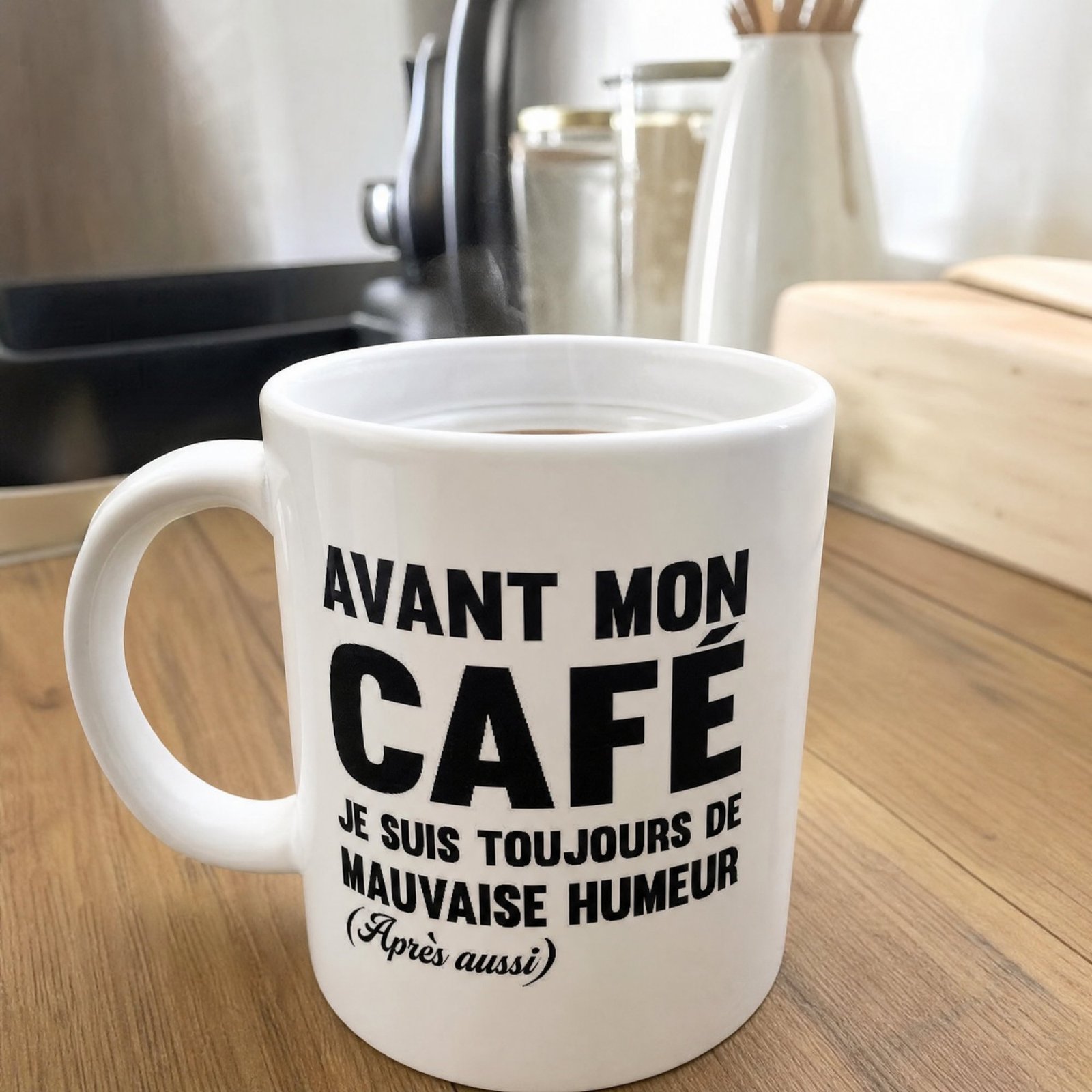 Mug Avant mon café – typographie noire et Après aussi manuscrit