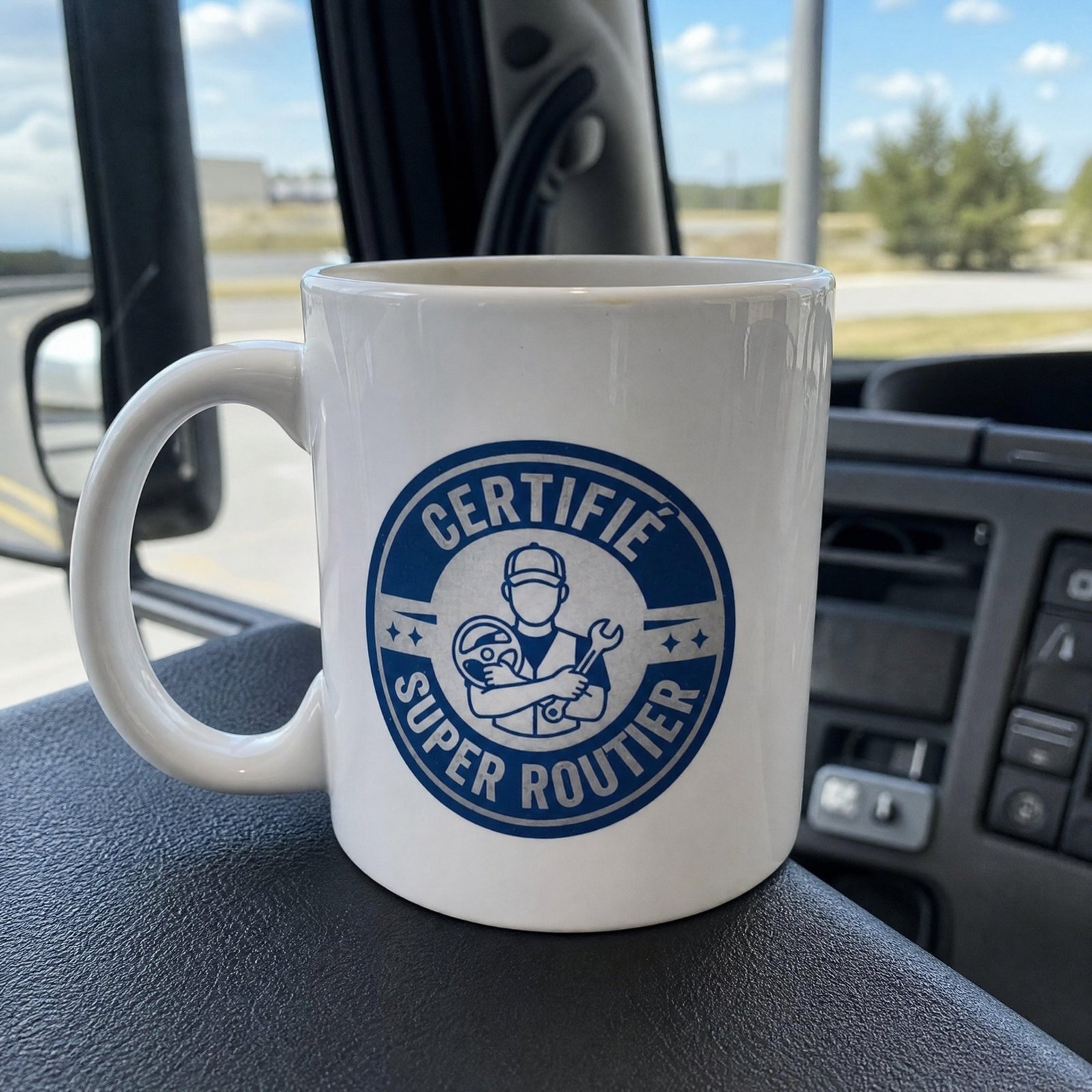 Mug Certifié super routier – badge orange avec semi-remorque