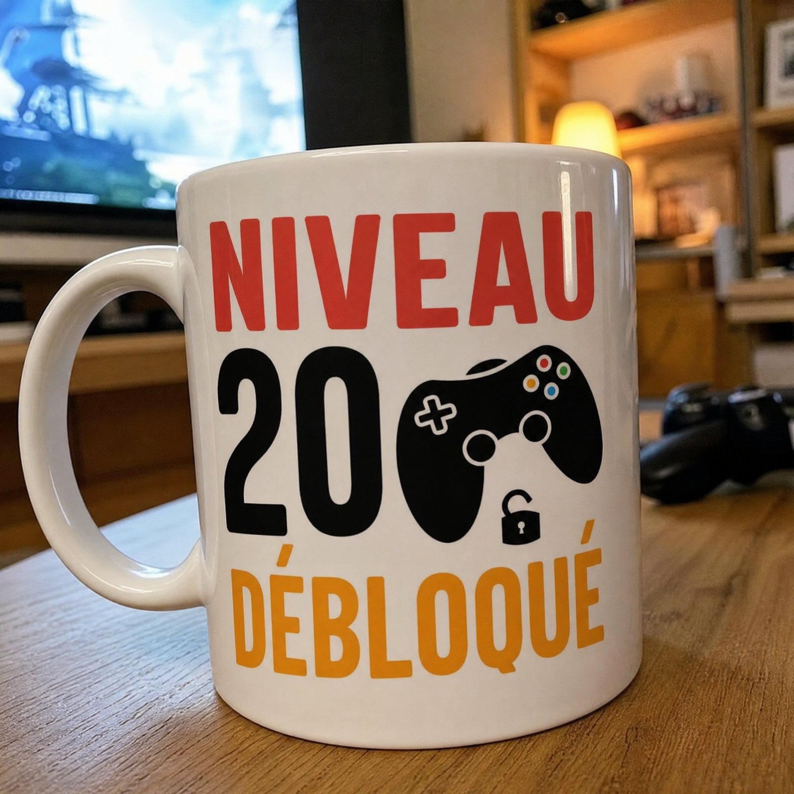 Mug Niveau 20 débloqué – manette noire et cadenas ouvert