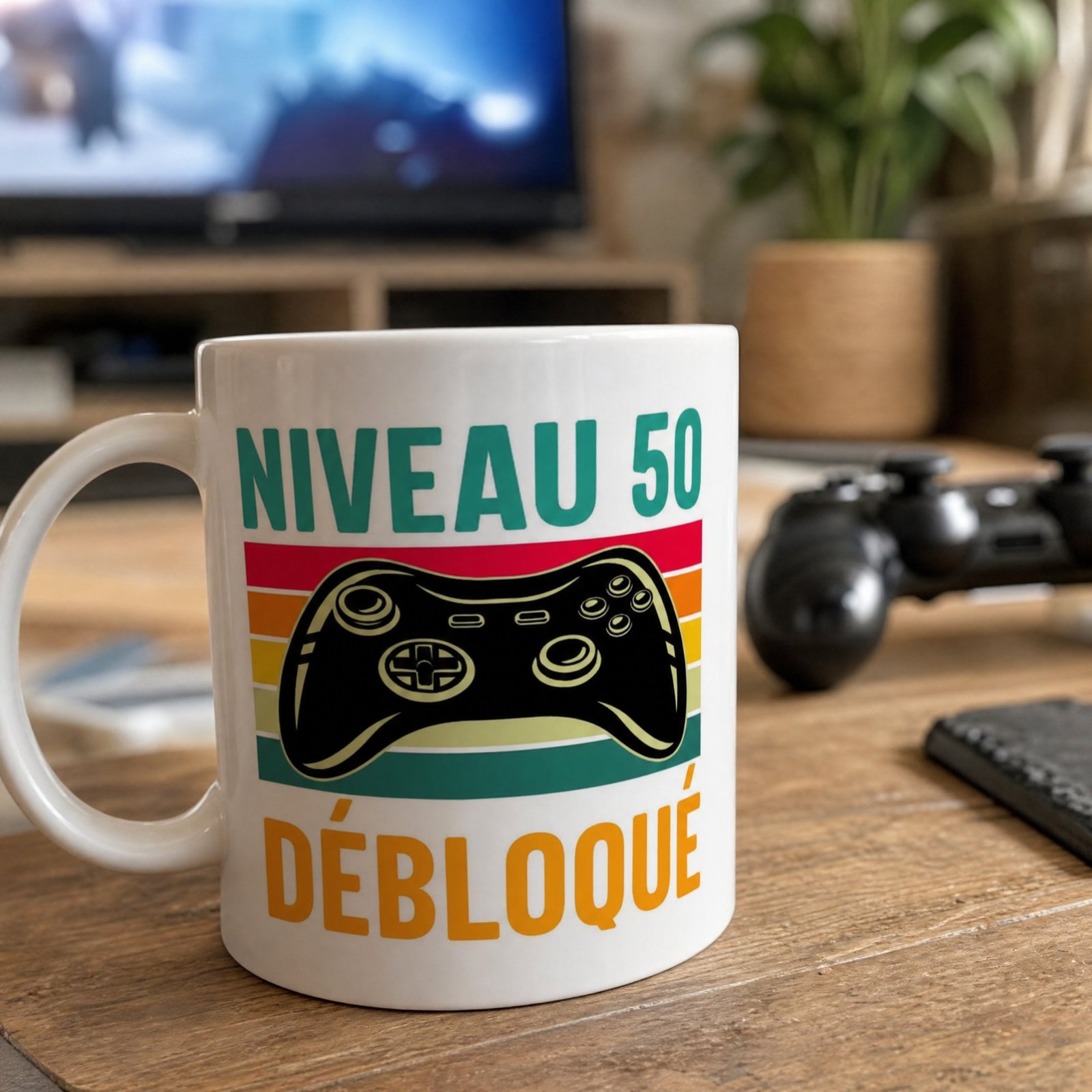 Mug Niveau 50 débloqué – manette de console sur rayures rétro