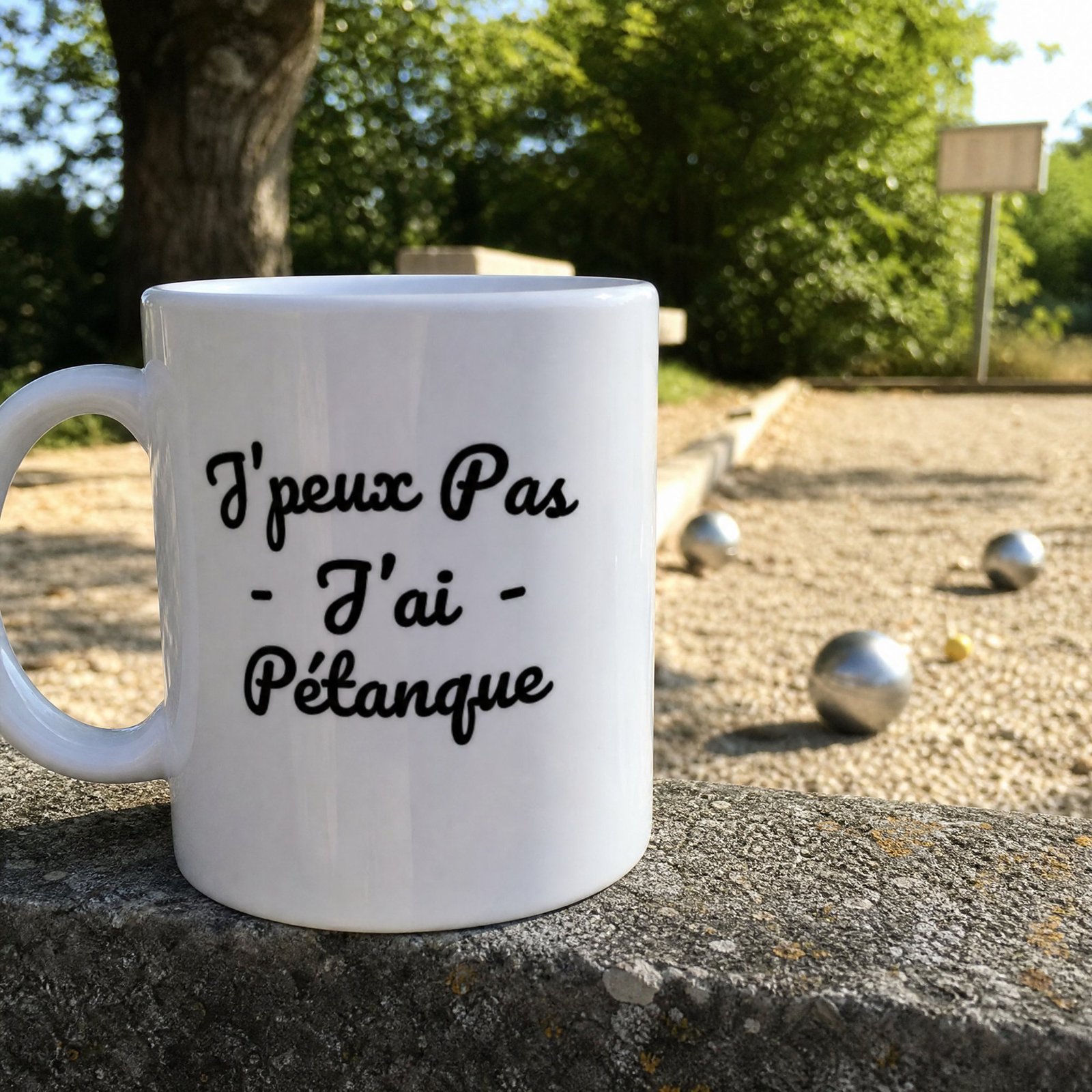 Mug J’peux pas j’ai pétanque – écriture attachée sans dessin