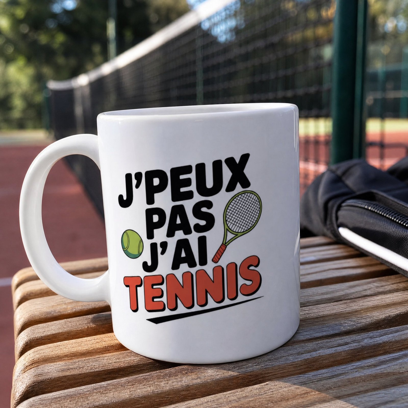Mug Tennis J’peux pas j’ai tennis – raquette verte et balle jaune