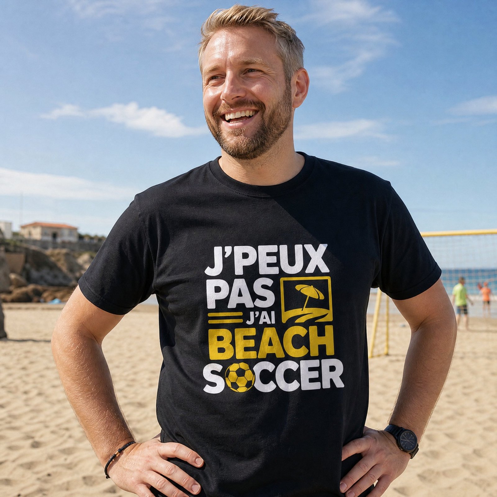 T-shirt J’peux pas j’ai beach soccer – parasol et ballon jaunes
