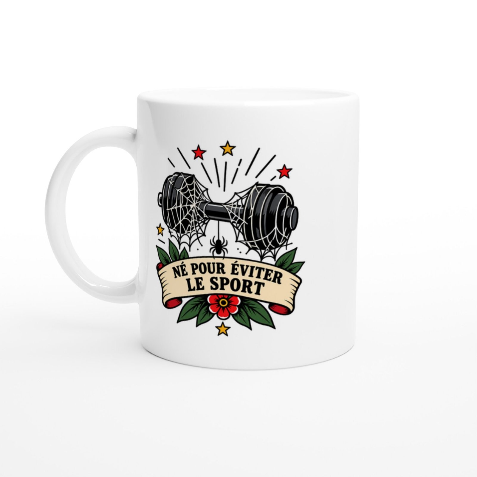 Mug Né pour Éviter le Sport Haltère Araignée et Fleur