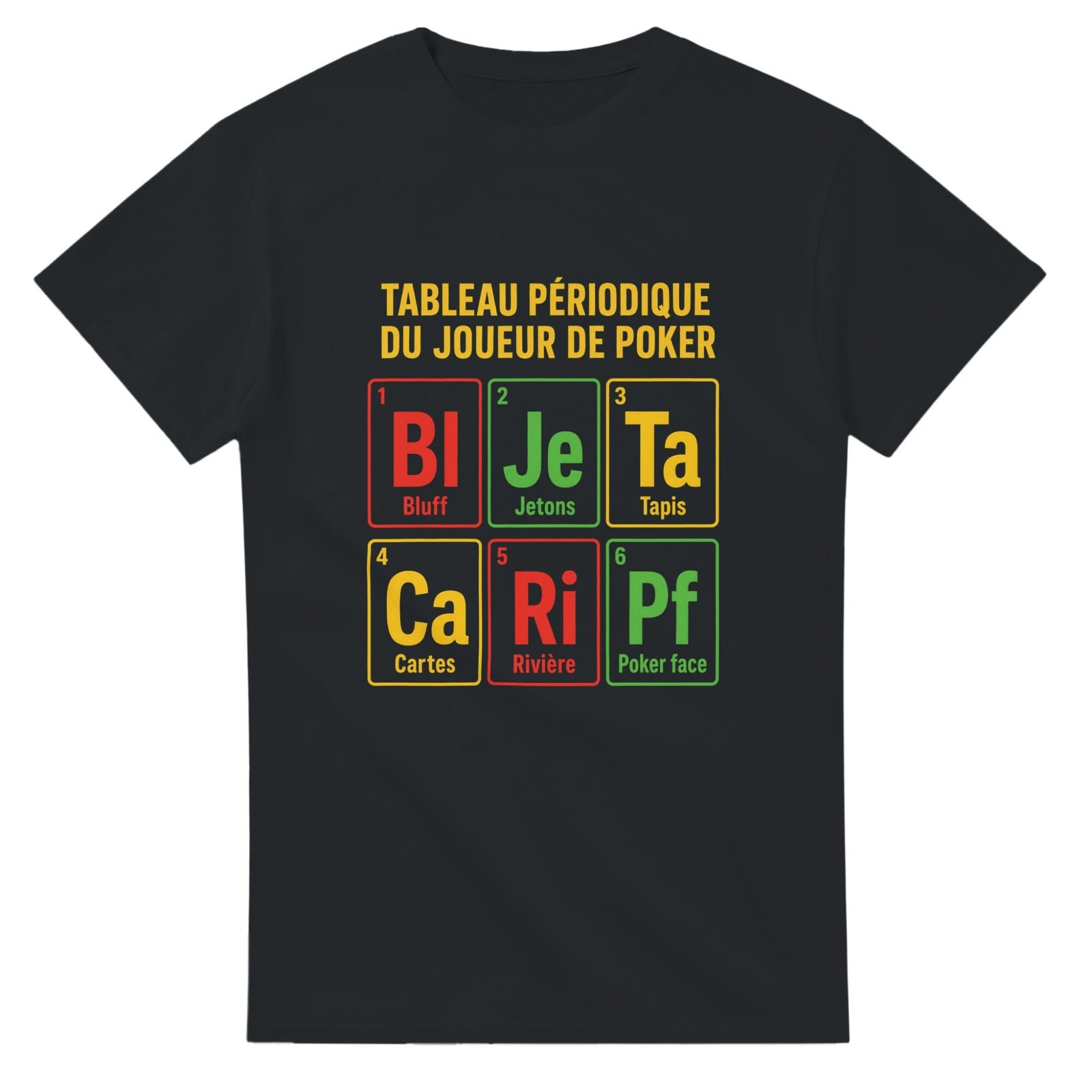 0a16f31f-7e0f-44f2-bb4d-00592d0636e9.jpg T shirt Tableau Périodique du Joueur de Poker Bluff Jetons Tapis Cartes Rivière Poker Face