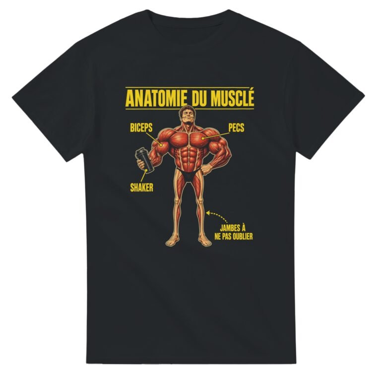 T shirt Musculation Anatomie du Musclé Biceps Pecs Shaker Jambes à Ne Pas Oublier