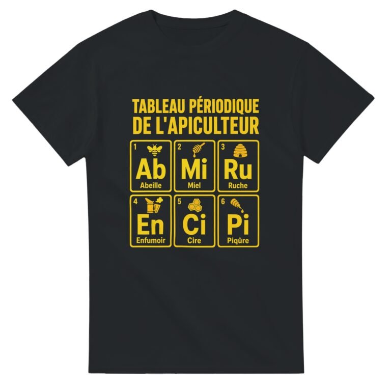 T shirt Tableau Périodique de l'Apiculteur Abeille Miel Ruche Enfumoir Cire Piqûre