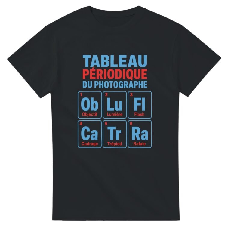 T shirt Tableau Périodique du Photographe Objectif Lumière Flash Cadrage Trépied Rafale