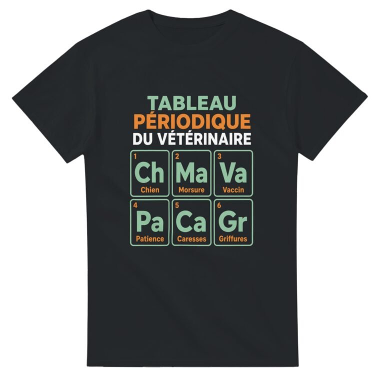T shirt Tableau Périodique du Vétérinaire Chien Morsure Vaccin Patience Caresses Griffures