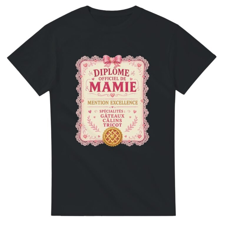 T shirt Diplôme Officiel de Mamie Mention Excellence Spécialités Gâteaux Câlins Tricot