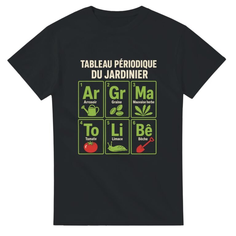 T shirt Tableau Périodique du Jardinier Arrosoir Graine Mauvaise Herbe Tomate Limace Bêche