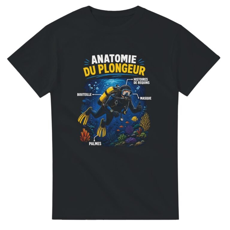 T shirt Anatomie du Plongeur Histoires de Requins Bouteille Masque Palmes