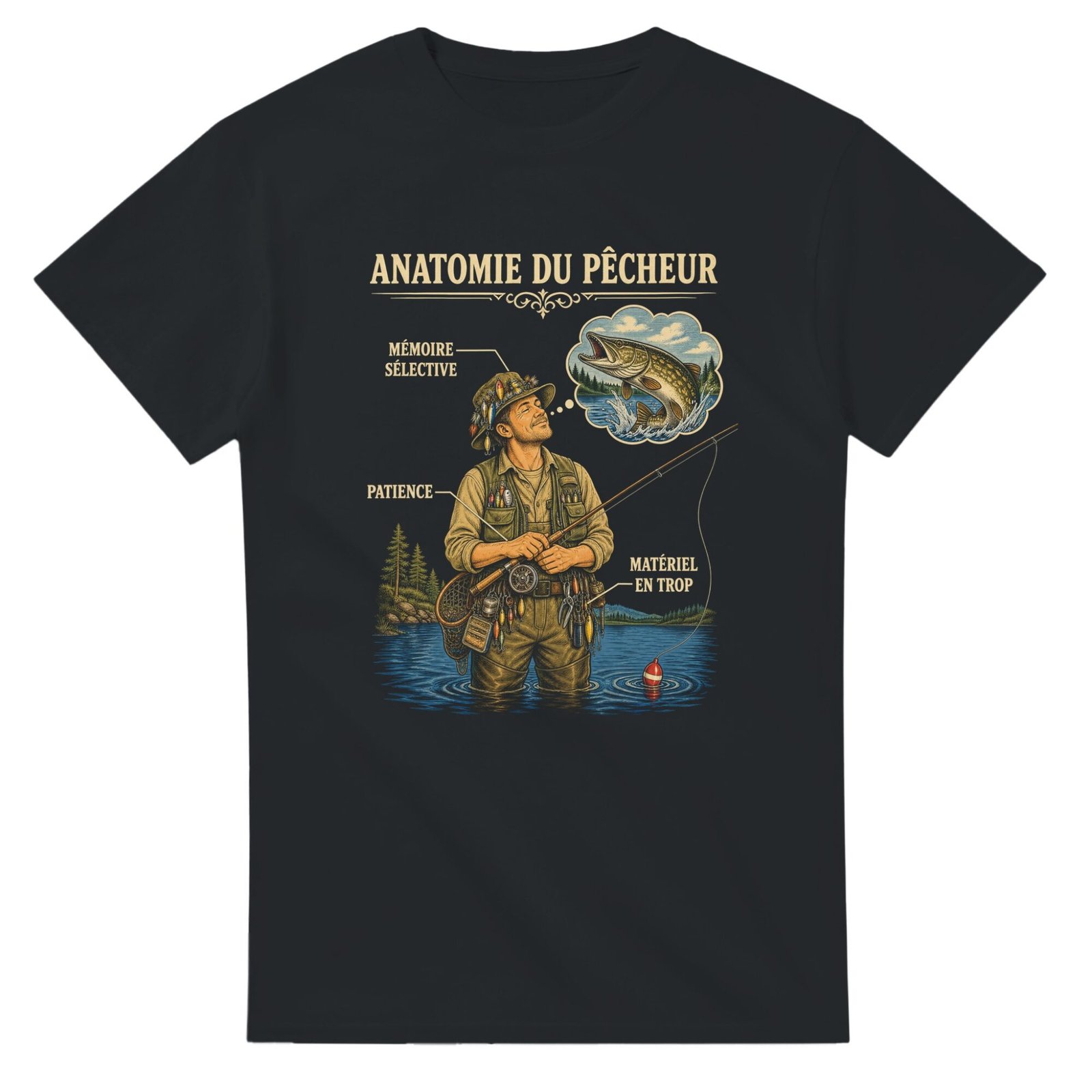 T shirt Anatomie du Pêcheur Mémoire Sélective Patience Matériel en Trop