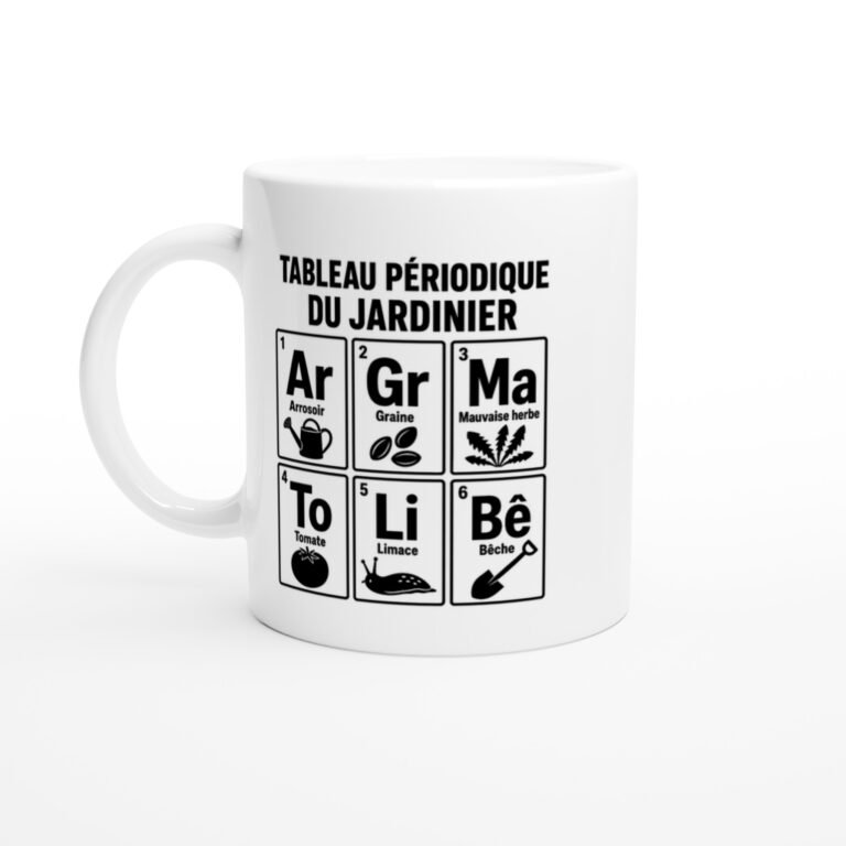 Mug Tableau Périodique du Jardinier Arrosoir Graine Mauvaise Herbe Tomate Limace Bêche