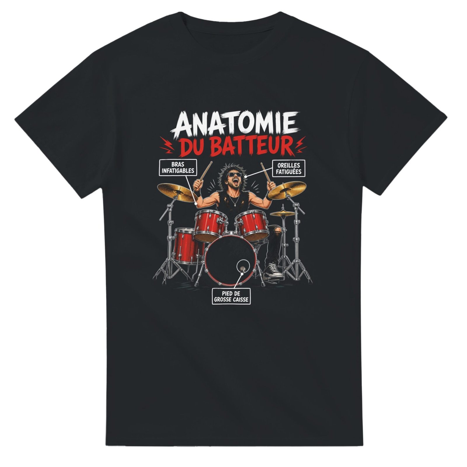 T shirt Anatomie du Batteur Bras Infatigables Oreilles Fatiguées Pied de Grosse Caisse