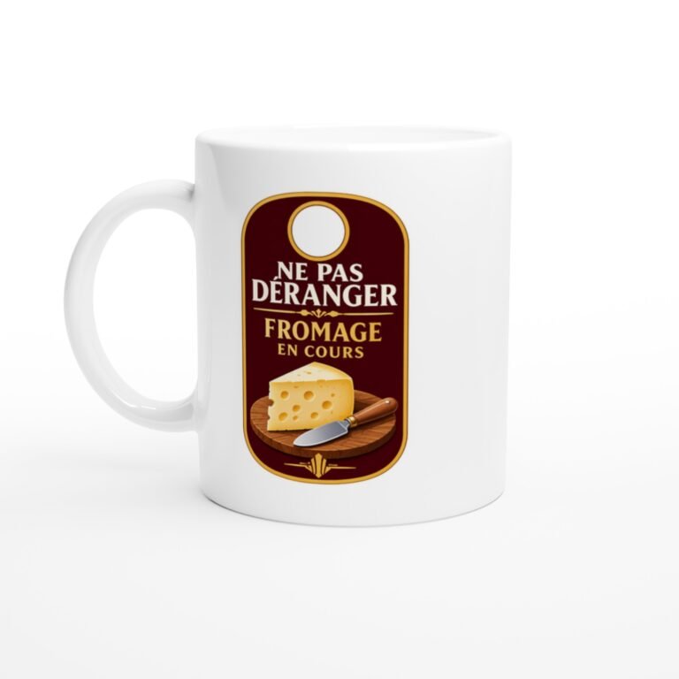 Mug Ne pas déranger fromage en cours – affichette bordeaux et or