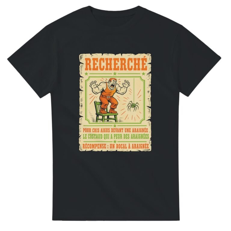 T shirt Recherché pour Cris Aigus Devant une Araignée le Costaud Qui A Peur des Araignées