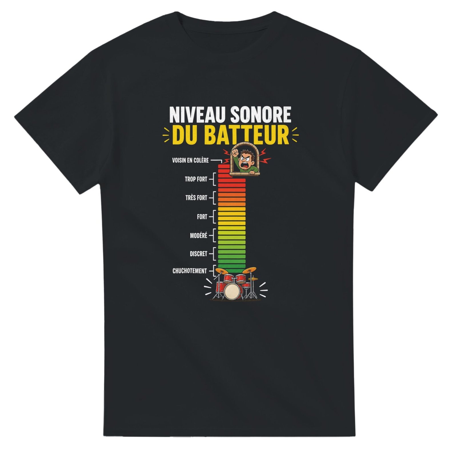 T shirt Niveau Sonore du Batteur Voisin en Colère Trop Fort Très Fort Fort Modéré Discret