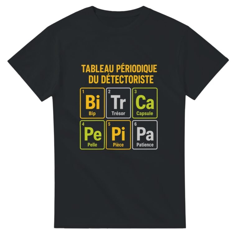 T shirt Tableau Périodique du Détectoriste Bip Trésor Capsule Pelle Pièce Patience