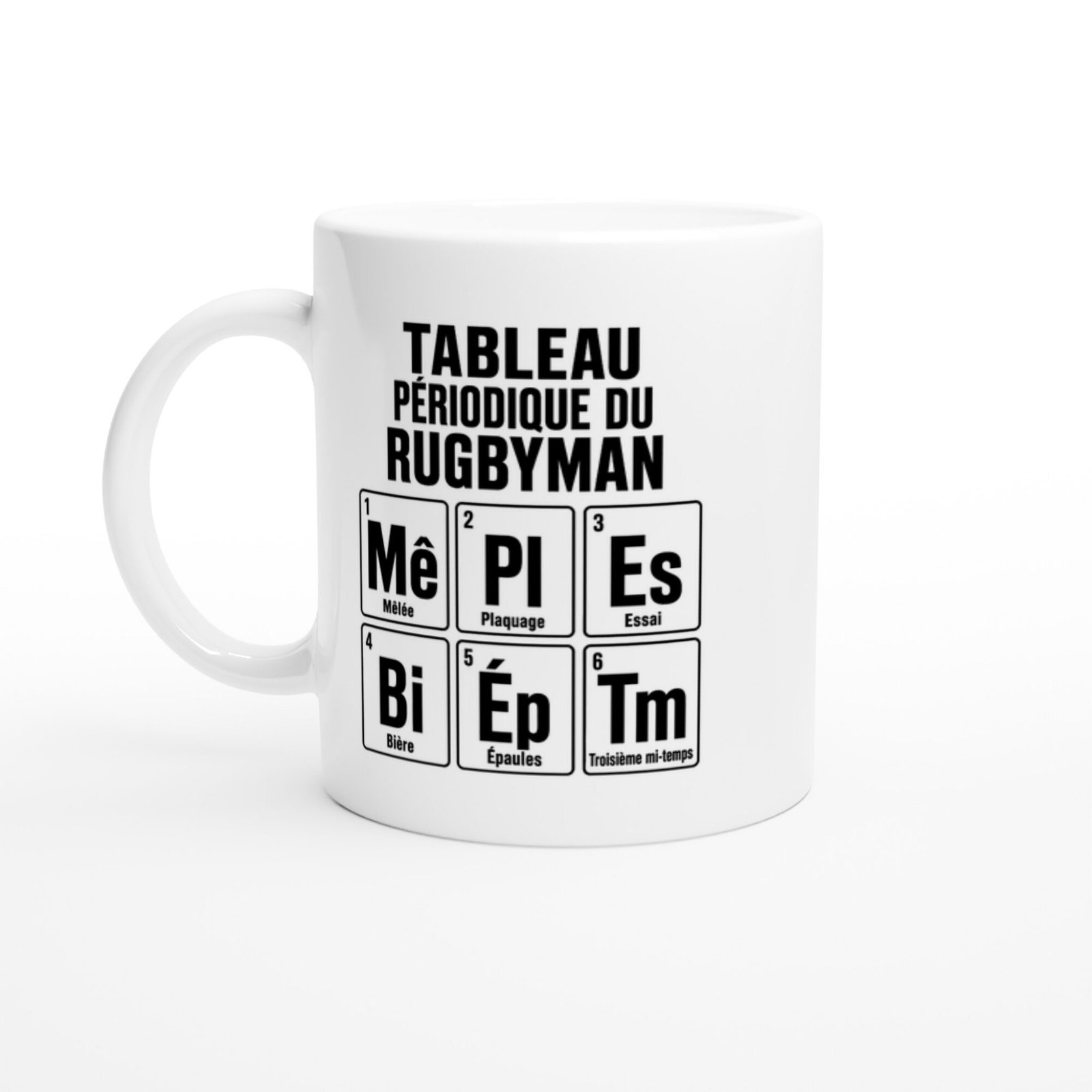 Mug Tableau Périodique du Rugbyman Mêlée Plaquage Essai Bière Épaules Troisième Mi-Temps