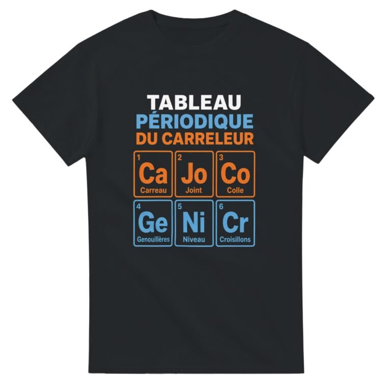 T shirt Tableau Périodique du Carreleur Carreau Joint Colle Genouillères Niveau