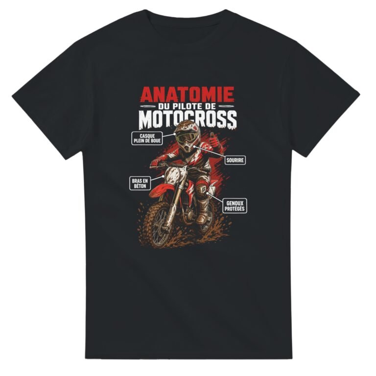 T shirt Anatomie du Pilote de Motocross Casque Plein de Boue Sourire Bras en Béton Genoux