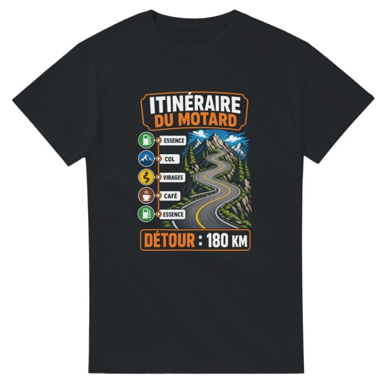 T shirt Itinéraire du Motard Essence Col Virages Café Essence Détour 180 KM