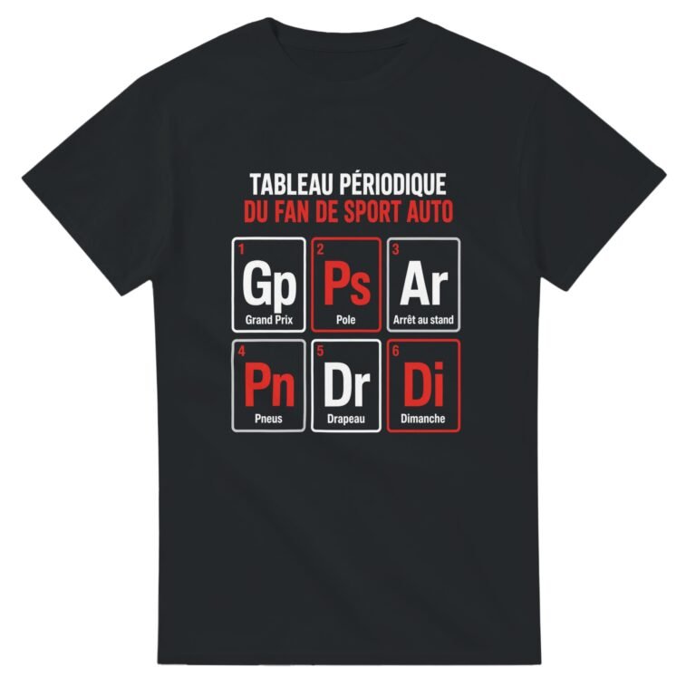 T shirt Tableau Périodique du Fan de Sport Auto Grand Prix Pole Arrêt au Stand Pneus