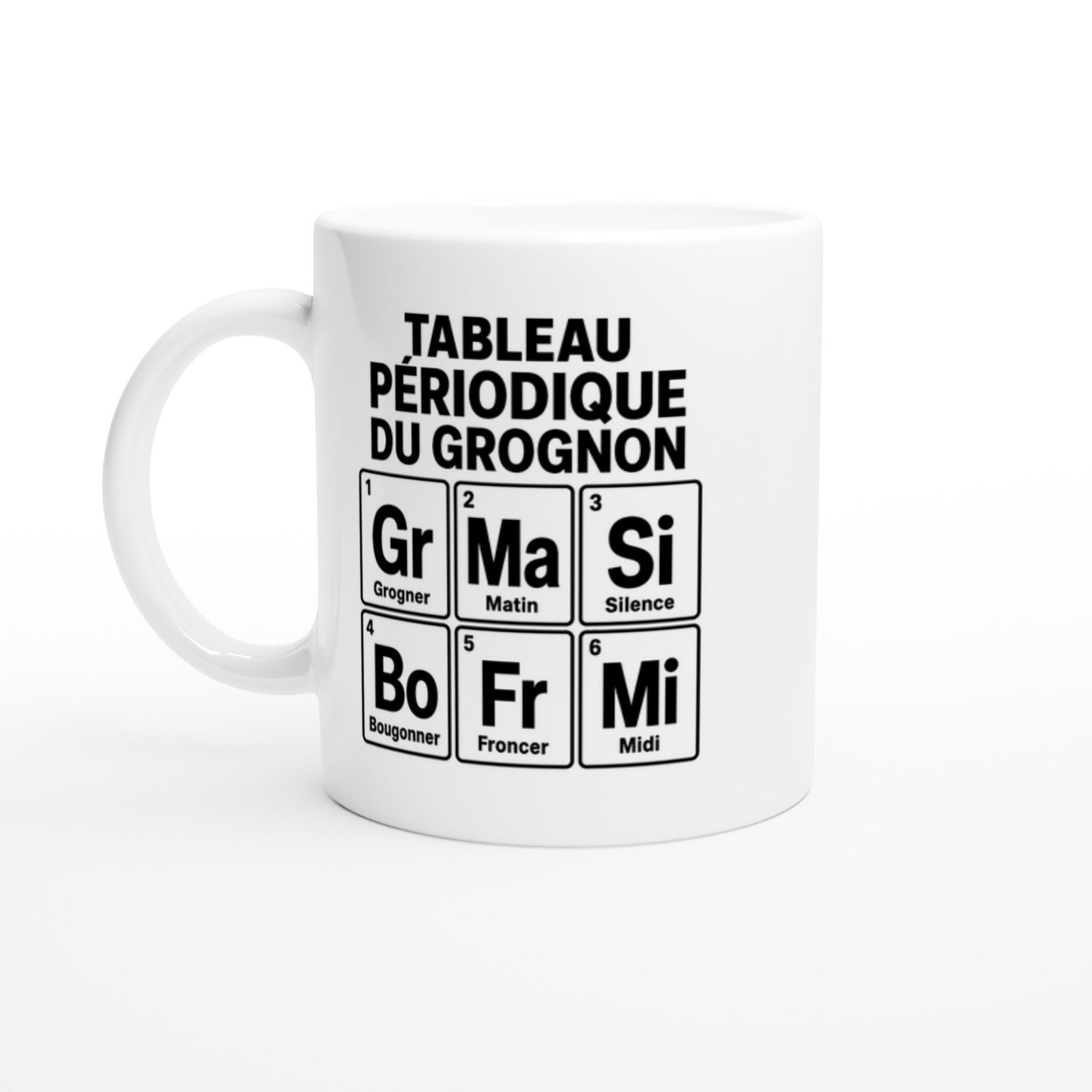 Mug Tableau Périodique du Grognon Grogner Matin Silence Bougonner Froncer Midi