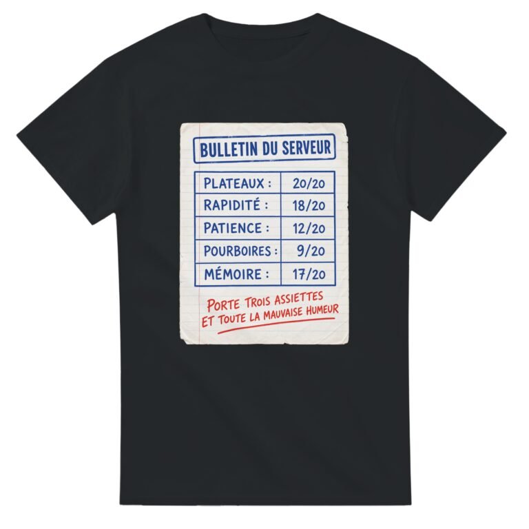 T shirt Bulletin du Serveur Plateaux Rapidité Patience Pourboires Mémoire Porte Trois