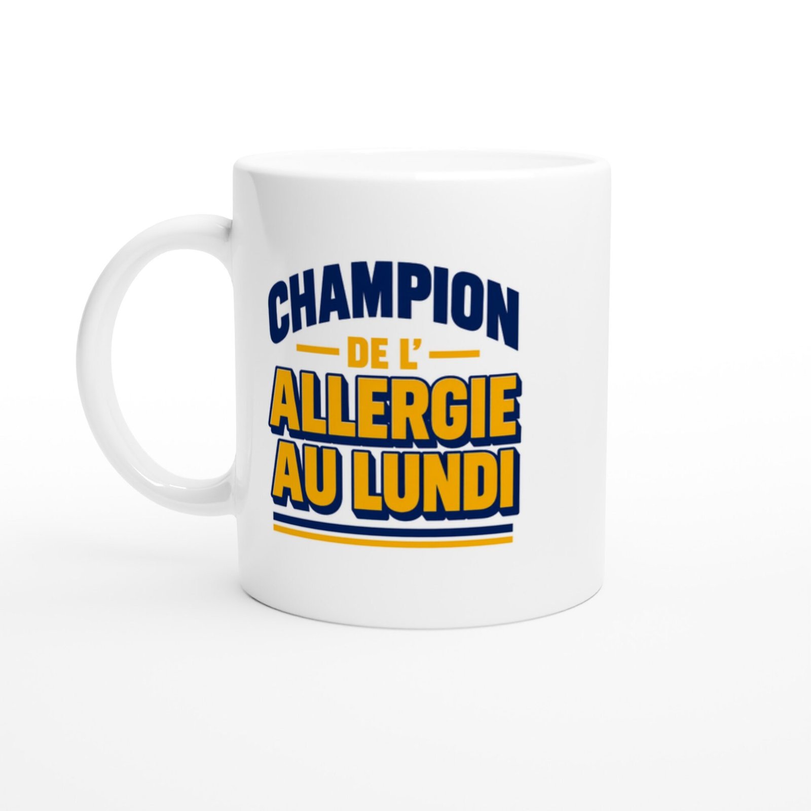 Mug Champion de l&rsquo;Allergie au Lundi Jaune et Bleu Marine