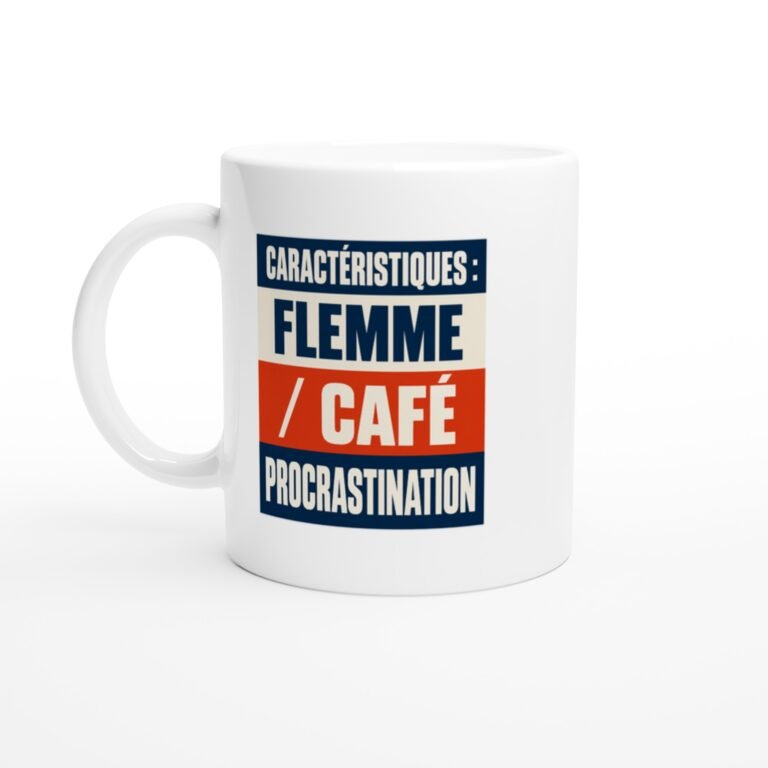Mug Caractéristiques Flemme Café Procrastination Bleu Marine et Orange