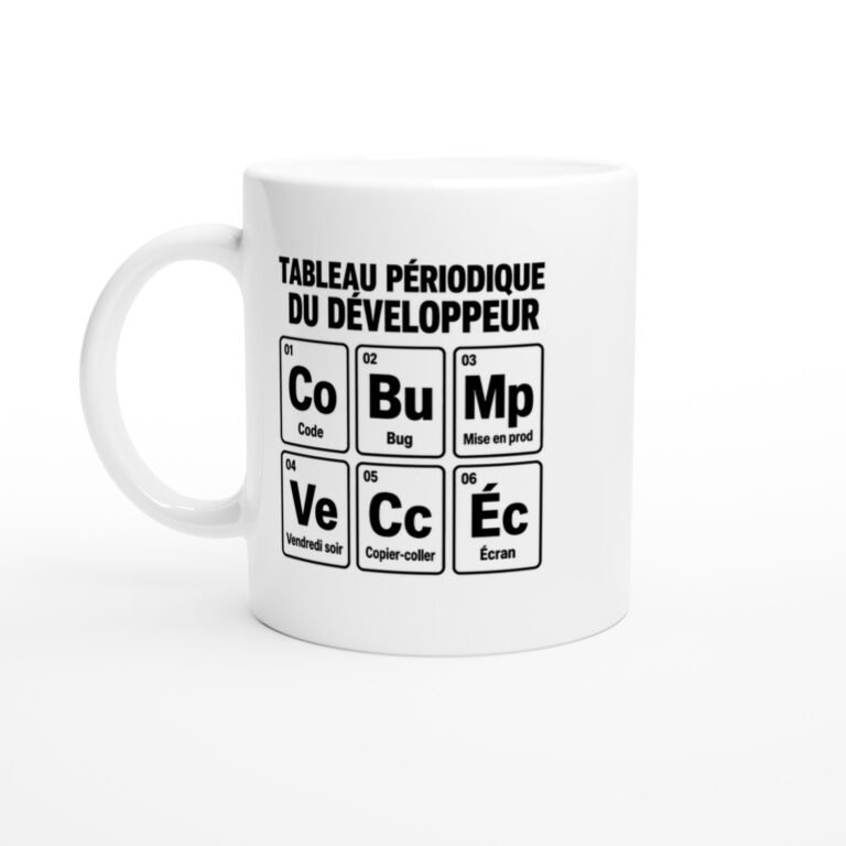 Mug Tableau Périodique du Développeur Code Bug Mise en Prod Vendredi Soir Copier-Coller