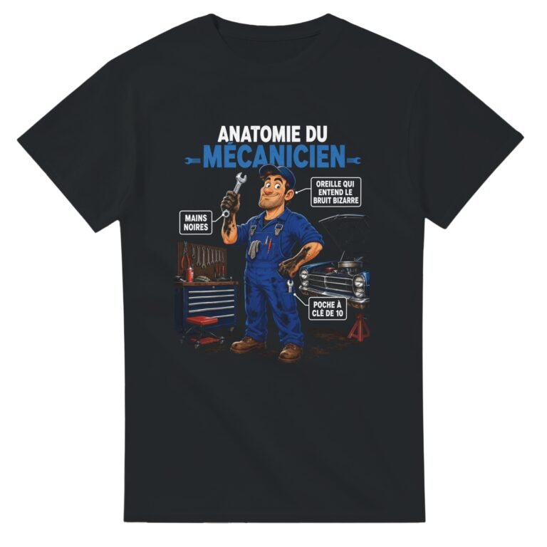 T shirt Anatomie du Mécanicien Oreille Qui Entend le Bruit Bizarre Mains Noires Poche