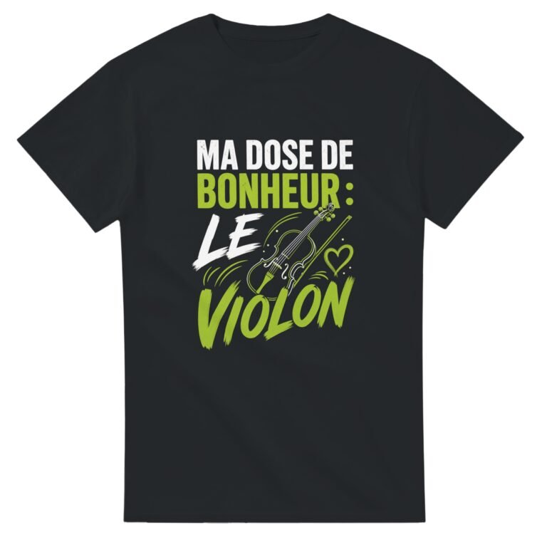 T-shirt Ma dose de bonheur le violon – archet, cœur et pinceau vert