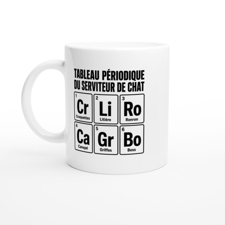 Mug Tableau Périodique du Serviteur de Chat Croquettes Litière Ronron Canapé Griffes Boss