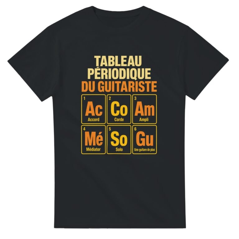 T shirt Tableau Périodique du Guitariste Accord Corde Ampli Médiator Solo une Guitare
